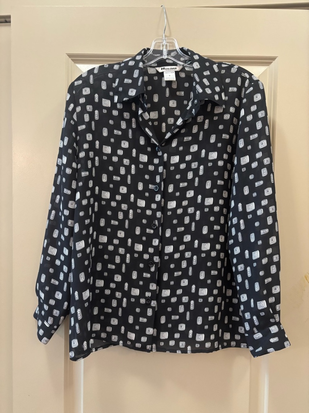 NY Collection Black Blouse with White Geometric Squares